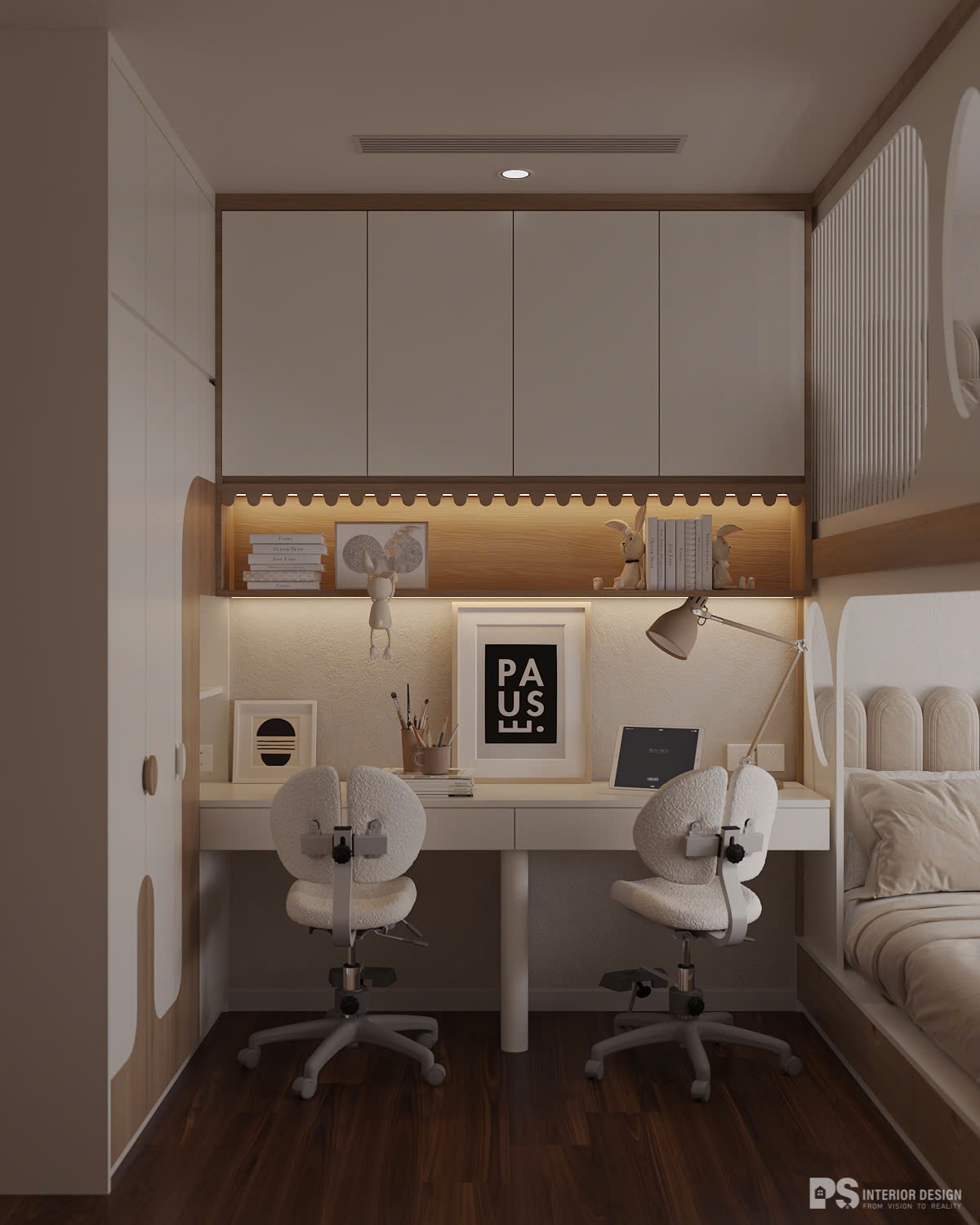 thiết kế nội thất căn hộ The Privia Khang Điền phòng ngủ bé wabi sabi 